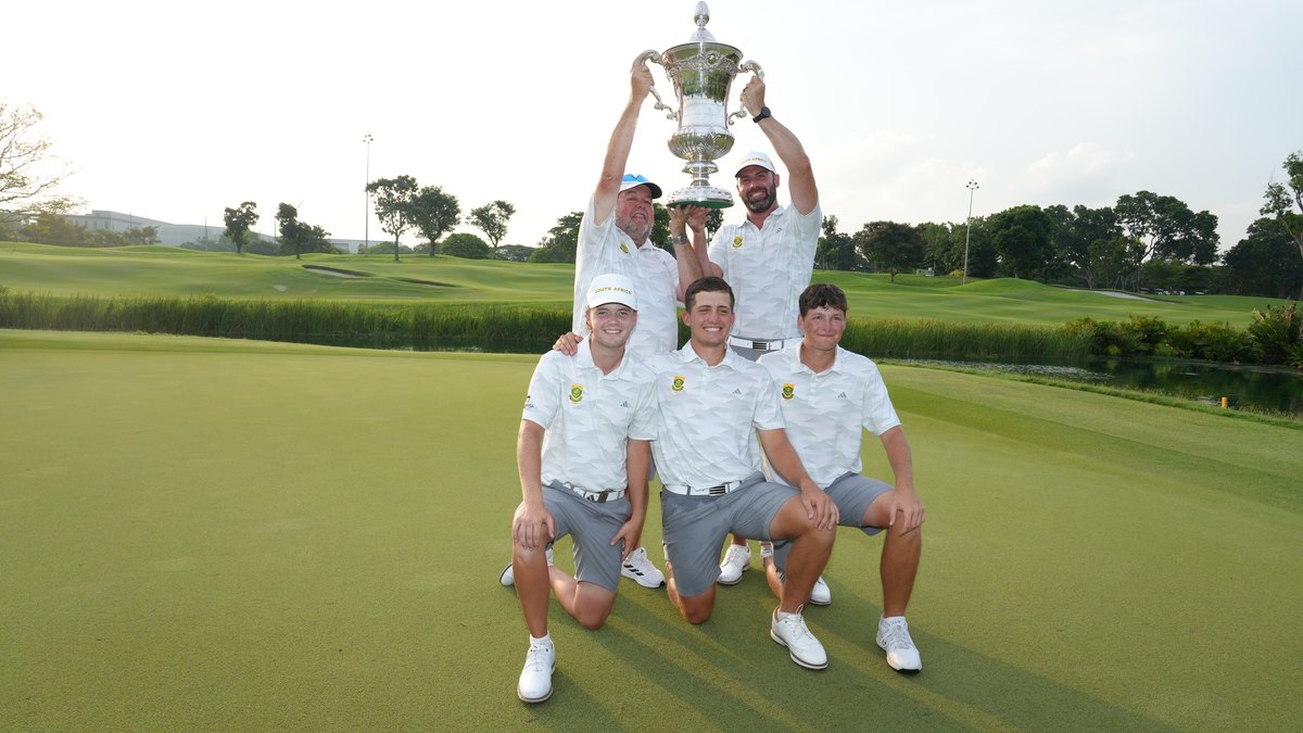 Christiaan Maas, Daniel Bennett and Charl Barnard celebrate South Africa's Eisenhower Trophy win